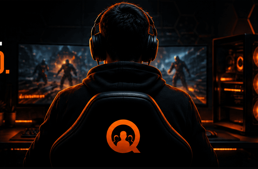 Gamer at a multi-monitor setup